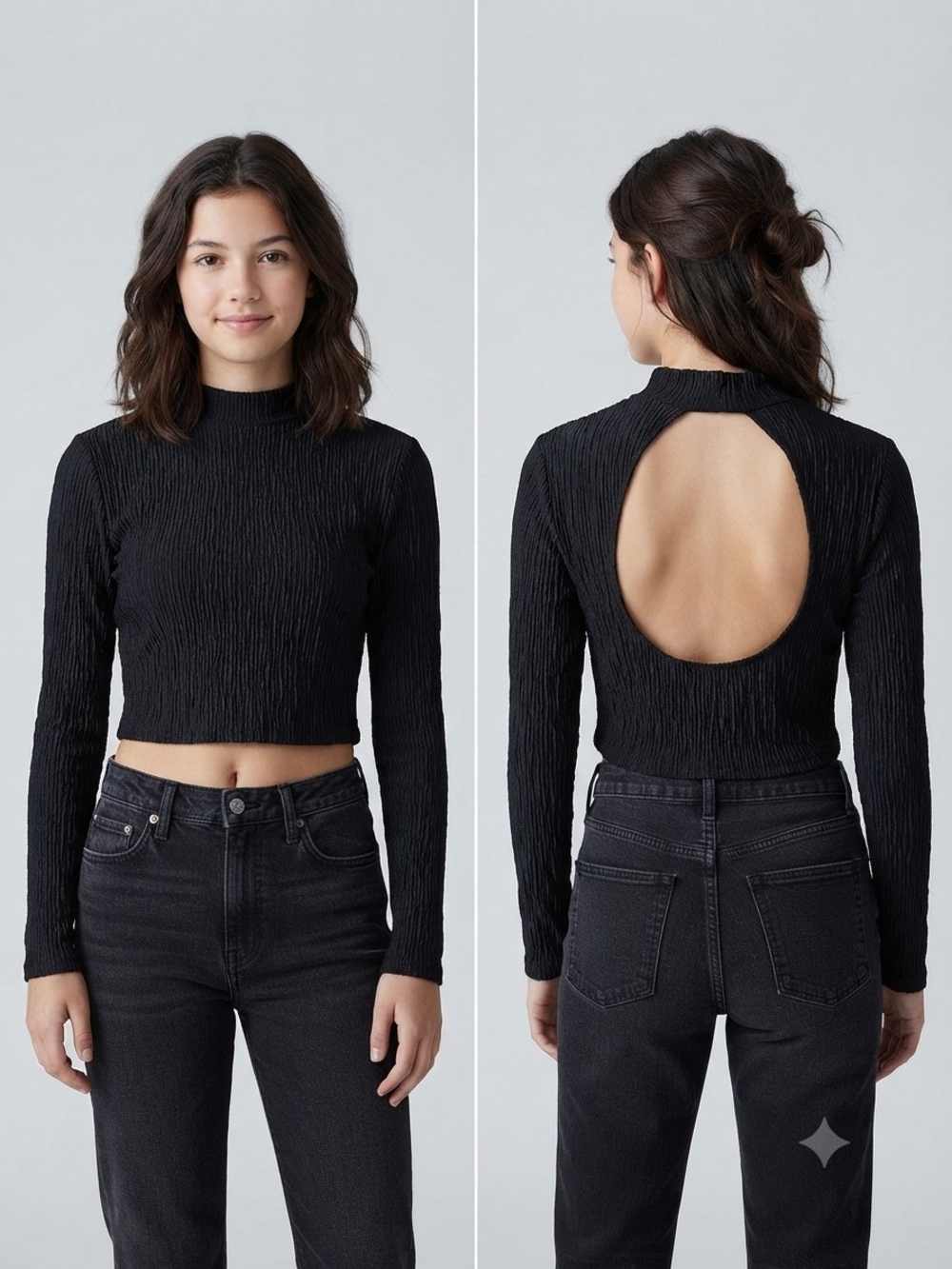 H&M Black Crinkle Mock-Neck Open Back Long-Sleeve Crop Top
